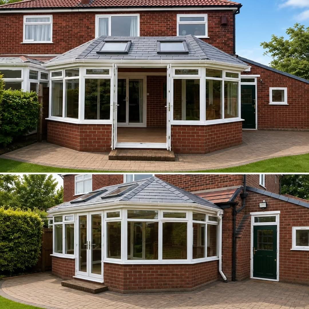 A converted conservatory at dusk, its new roof finished and the recessed ceiling downlights lit, seen from the garden