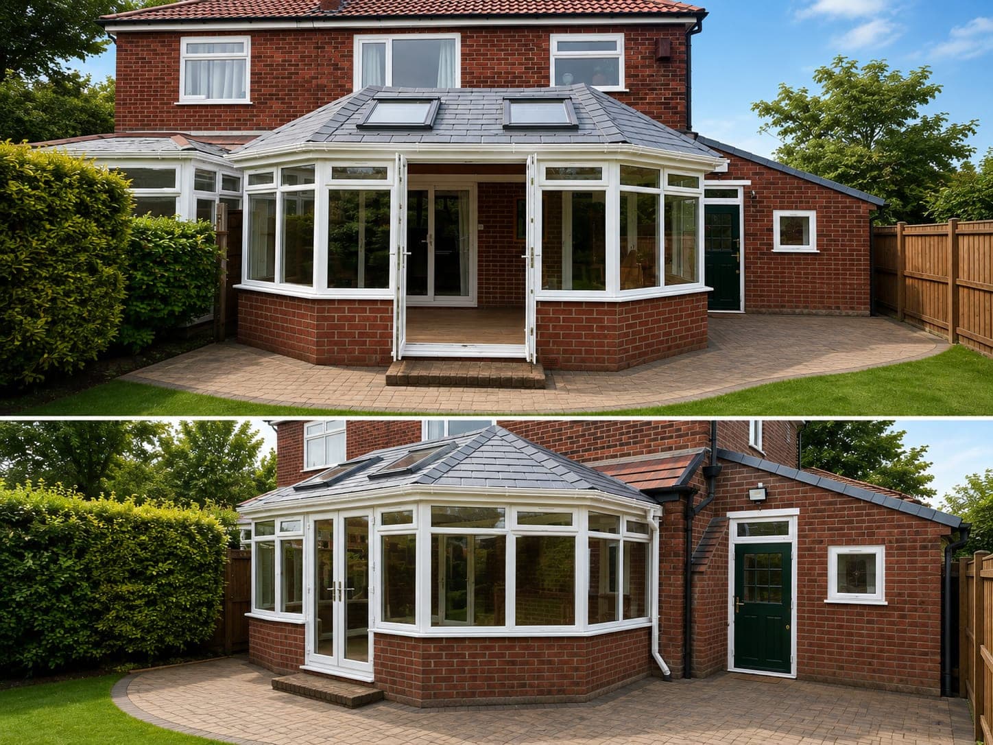 A white conservatory shown with its original glazed roof and again with a new grey tiled warm roof