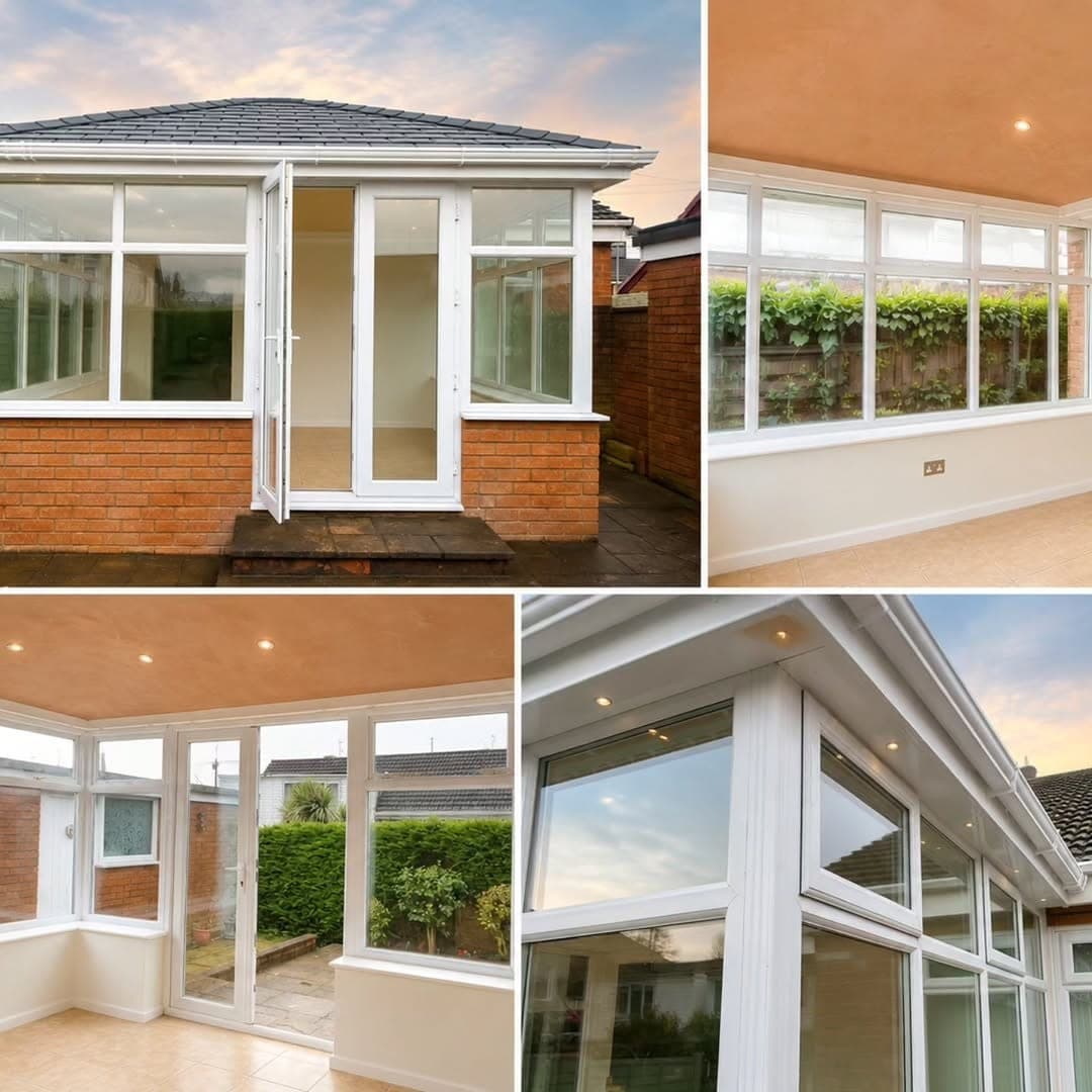 A white uPVC conservatory with a new grey tiled warm roof, shown from the garden and from inside with a plastered ceiling and downlights